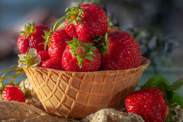 freshly picked  strawberries in a waffle cone dish ready to eat