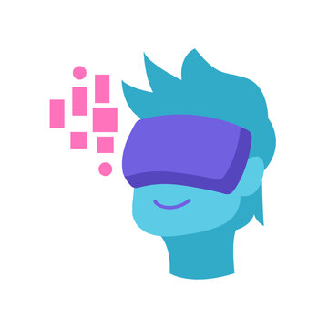 man wearing virtual reality goggles with digital pixel world element icon flat vector illustration