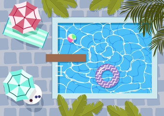 Odpoczynek nad basenem. Letnie wakacje nad wodą wśród palm. Ilustracja z basenem, leżakiem, piłką plażową i parasolkami przeciwsłonecznymi. - obrazy, fototapety, plakaty