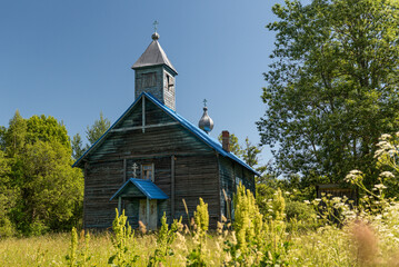 Rubeniski blue Old Believers Church in sunny summer day, Latvia.