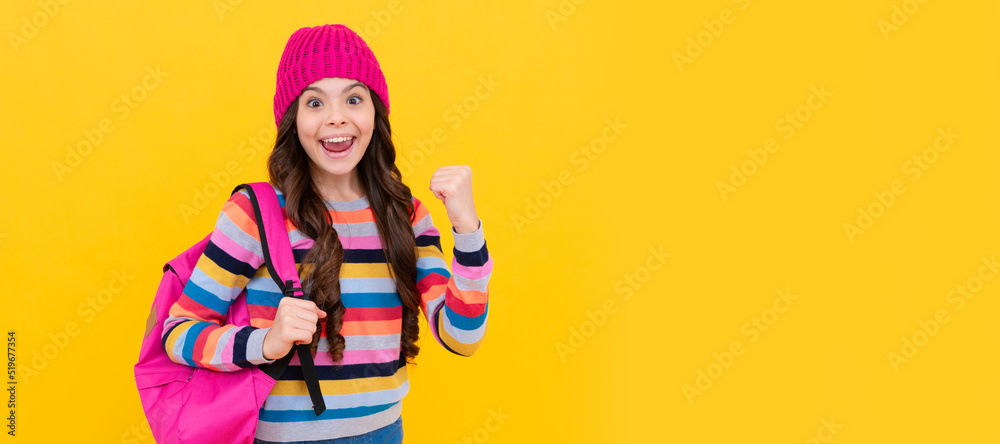 Poster happy hipster teen girl with backpack going to school, back to success. horizontal isolated poster o