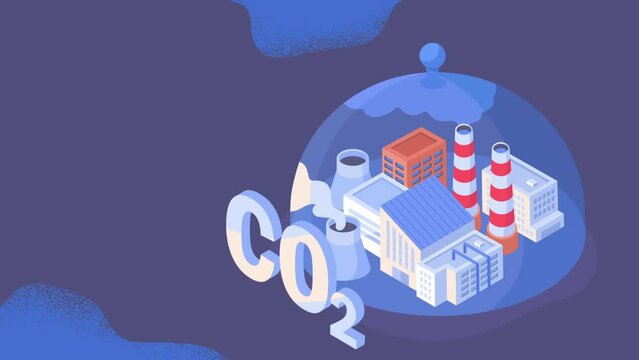 Carbon Capture Technology. Moving Poster Of Factory Covered With Glass Dome To Stop CO2 Emissions. Strategy To Neutralize Harmful Pollutions. Caring For Environment. Isometric Graphic Animated Cartoon