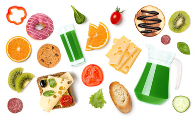 Breakfast concept. Fruits, toasts, cheese, fried egg isolated on white background. Flat lay, top view.