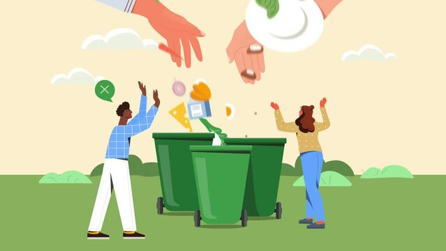 Food waste video concept. Moving hands toss leftovers and leftovers into trash can. Throw away food only after shelf life end or expiration date. Care for nature. Flat graphic animated cartoon