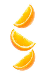 falling fresh orange fruit slices isolated over white background closeup. Flying food concept. Top view. Flat lay. Orange slice in air, without shadow..