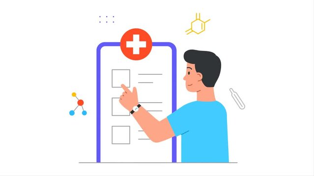 Insurance and protection video concept. Moving man signing health or life insurance document and put tick. Medicine, healthcare and disease treatment. Flat graphic animated cartoon in doodle style