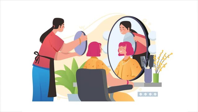Profession of hairdresser video concept. Moving woman hairstylist works in beauty salon, makes hairstyle for client and holds mirror. Professional serving visitor. Gradient graphic animated cartoon
