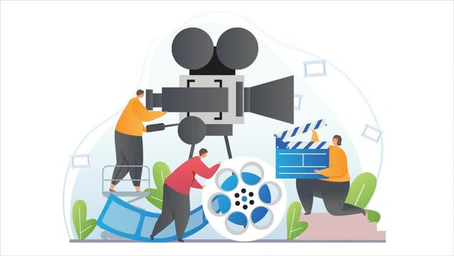 People of different professions. Moving male and female directors, screenwriters and videographers making movie. Film studio employee. Occupation in film industry. Gradient graphic animated cartoon