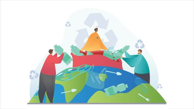 Charity and volunteering. Moving men and women collect garbage and clean planet from pollution and plastic waste. Caring for nature and environment. Save Earth. Gradient graphic animated cartoon