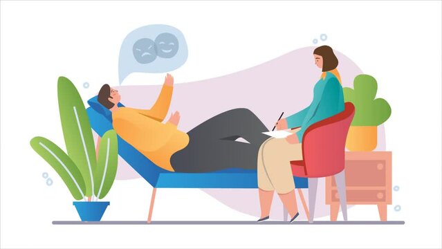 Psychotherapy consultation video concept. Moving man with emotional burnout and mental disorders lies on armchair and communicates with psychologist. Depression. Gradient graphic animated cartoon