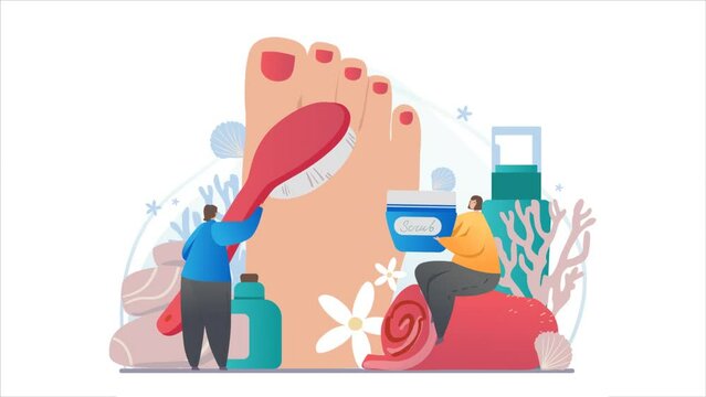 Personal care video concept. Moving characters do pedicure and clean skin of feet from dirt. Daily beauty routine or spa treatment with scrub and cosmetics. Gradient graphic animated cartoon
