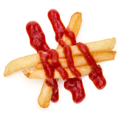 French Fried Potatoes with ketchup isolated over white background.