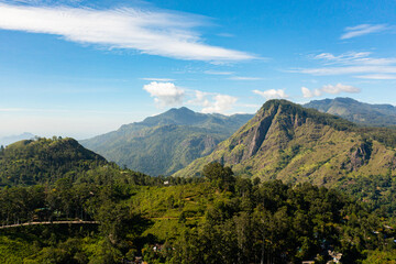 Aerial view of Agricultural lands and tea estates among the hills in the mountains.. Ella, Sri...