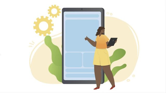 App development concept. Moving man and woman stand by large smartphone and create mobile application. Programmers adjust parameters of digital product. Usability testing. Graphic animated cartoon
