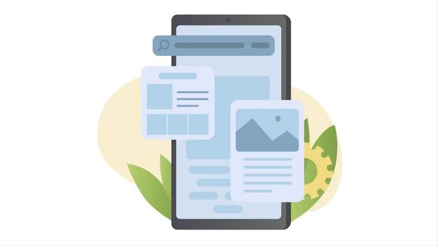 App development concept. Moving female programmer or tester creates user interface for mobile application on smartphone. Software architecture. Creation of digital product. Graphic animated cartoon