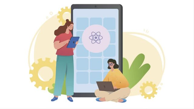 App development concept. Moving young men and women use program on various devices, laptop, smartphone or tablet. React native mobile application. Programming and coding. Graphic animated cartoon