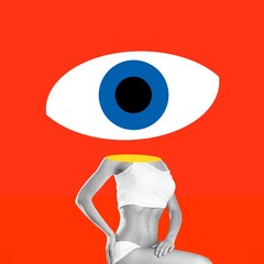 Attenive look. Contemporary art collage. Female bust with giant drawn eye. Concept of pop art, creativity, surrealism, imagination. Abstract design