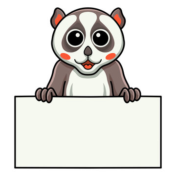 Cute little loris cartoon holding blank sign