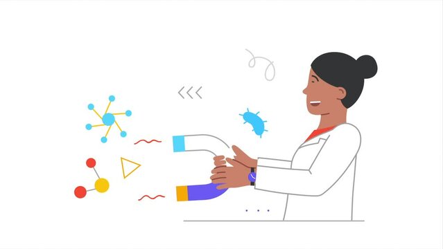 Scientist in laboratory. Moving female physicist or biotechnologist holds magnet and attracts atoms or molecules. Character conducting experiment or scientific research. Flat graphic animated cartoon