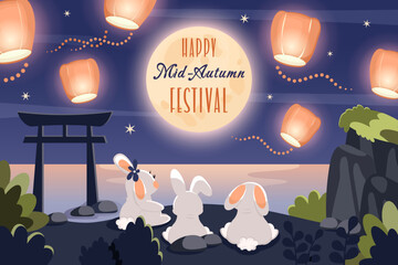 Happy Mid-Autumn Festival. Cute rabbits looking at moon and Chinese lanterns. Greeting card with text for mooncake festival, Chinese, Korean, Asian traditional holiday. Vector cartoon illustration.