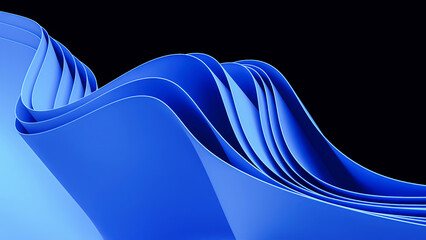 Blue wavy abstraction shape on black background. 3D rendered illustration of trendy modern image in Windows 11 style - obrazy, fototapety, plakaty
