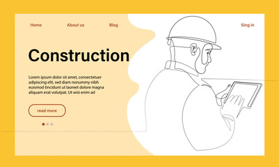 Vector landing page of architecture works with protective face masks for safety in machine industrial factory. Continuous one line drawing for your minimal design