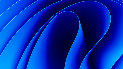 Blue wavy abstraction shape on black background. 3D rendered illustration of trendy modern image in Windows 11 style