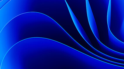 Blue wavy abstraction shape on black background. 3D rendered illustration of trendy modern image in Windows 11 style