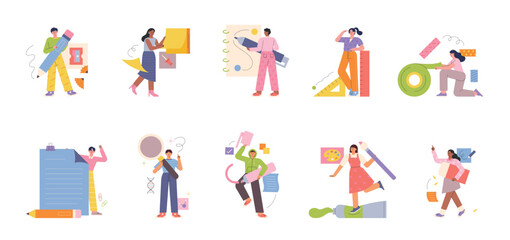Fototapeta na wymiar People are holding huge stationery and doing fun activities. flat design style vector illustration.
