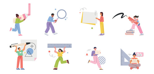 Small and cute people are busy carrying huge stationery. flat design style vector illustration.