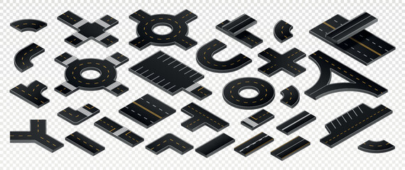 Set of Isometric road elements. Parts of highway, intersections, rings, parking lots and bridges for movement of cars. Copy space. Realistic 3D vector collection isolated on transparent background