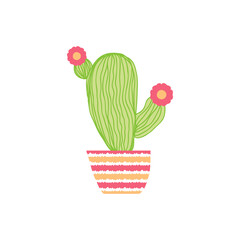 Doodle cute blooming cactus in a striped pot. Perfect print for T-shirt, stickers, poster. Hand drawn isolated vector illustration for decor and design.
