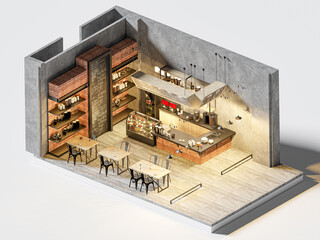 3d illustration. isometric coffee shop or coffeehouse. Cafe interior with tables, seats, counter, cash register and blackboard menu
