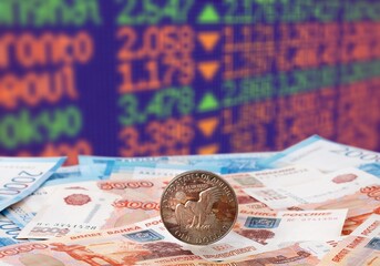 Russian ruble. The rise of the ruble exchange rate. Payment for gas in Russian currency concept