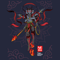 Nezha (哪吒) is a protection deity in Chinese folk religion. vector illustration darker version