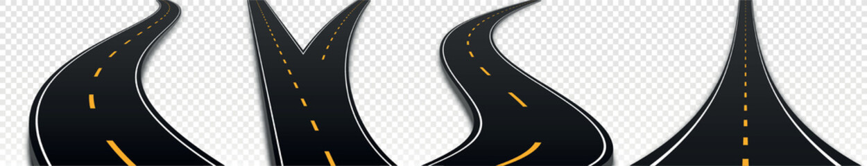 Winding and fork highway set. Collection of trails on copy space. Traffic, car, vehicle and transport space. Travel and trip. Realistic 3D vector illustrations isolated on transparent background © Rudzhan