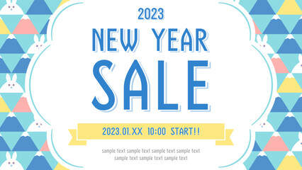 お正月セール向け　富士山とウサギのジオメトリック模様の広告テンプレート（横向き16:9）