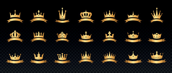 Crowns and ribbon set. Collection of icons on copy space, quality. Treasure and jewels, power symbol and medieval accessories. Cartoon flat vector illustrations isolated on transparent background