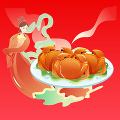 Mid-autumn festival on August 15th, traditional festival steamed crab to eat with moon and clouds in the background, vector illustration