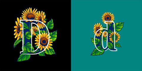 Obraz premium Summer Themed Letter D Illustration with Sunflower Hand Drawn