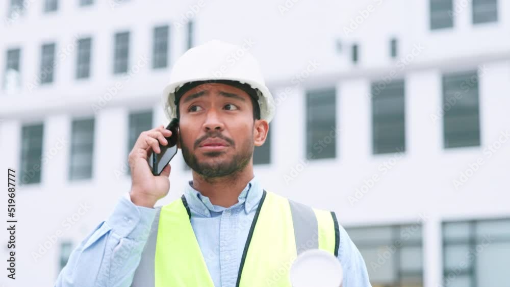 Poster Civil engineer on a phone call while at a construction site discussing a strategy and plan to work on. Close up portrait of confident architect talking with building in the background and copy space