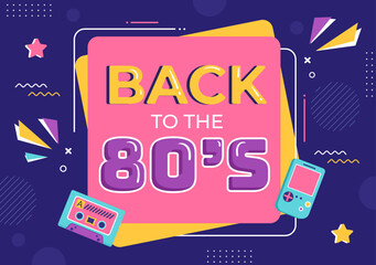 80s Party Cartoon Background Illustration with Retro Music, 1980 Radio Cassette Player and Disco in Old Style Design - obrazy, fototapety, plakaty