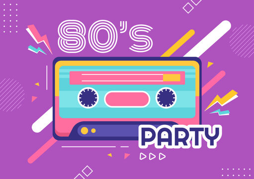 80s Party Cartoon Background Illustration with Retro Music, 1980 Radio Cassette Player and Disco in Old Style Design
