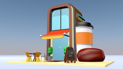 3D coffee shop. 3D model. Architecture. 3D building. 3D Vector .3D Rendering. 3d rendering