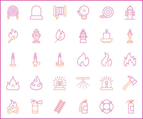Simple Set of fire Related Vector Line Icons. Contains such Icons as candle, disaster, fireplace, firefighter, hydrant, safety, light symbols and more.