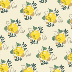Seamless pattern of fresh yellow lemon fruit with green leaves. Vector flat illustration. Design for textile, wallpaper, wrapping