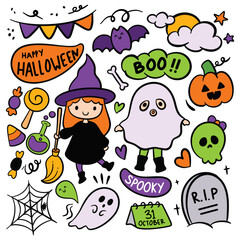 Set of Hand Drawn Cartoon Halloween Doodle Element, Vector Clip Art