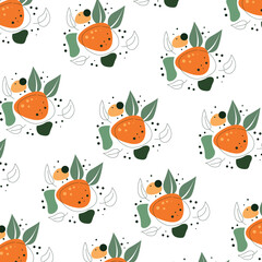 Seamless pattern with orange cherry plums and leaves. Prunus cerasifera, alycha on a white background.