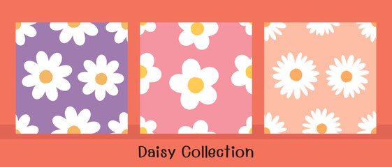 Set of retro daisy flower on purple, pink and orange backgrounds vector.