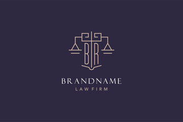 Initial letter BR logo with scale of justice logo design, luxury legal logo geometric style - obrazy, fototapety, plakaty